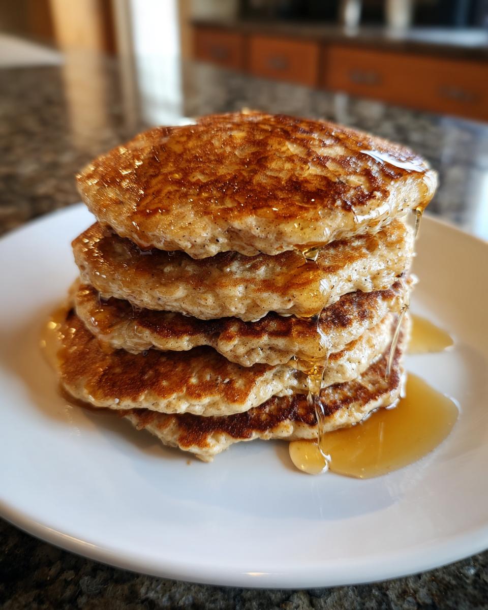 A stack of banana oatmeal pancakes on a white plate, drizzled with syrup.