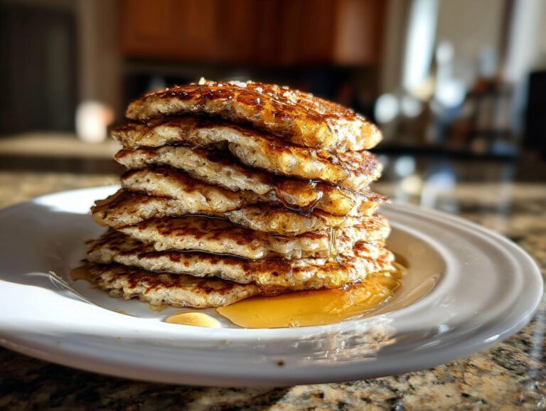 A tall stack of banana oatmeal pancakes drizzled with syrup on a white plate. Delicious banana oatmeal pancakes.