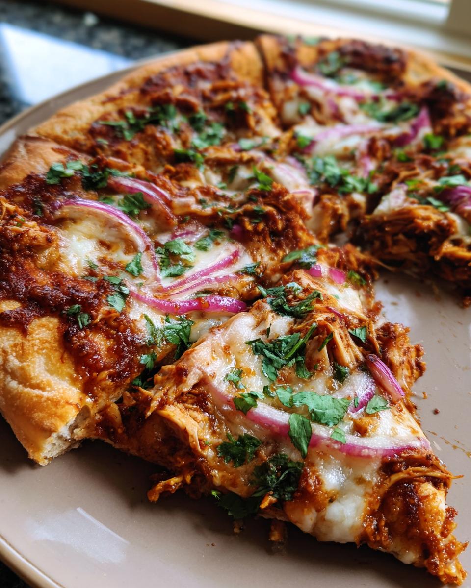 A freshly baked BBQ chicken pizza topped with red onions, cilantro, and melted cheese.