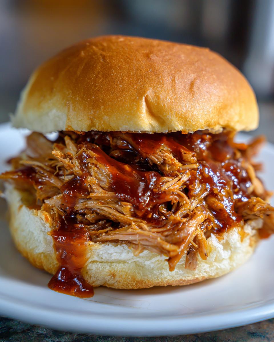 Delicious BBQ pulled pork in slow cooker sandwich on a white plate, dripping with sauce.