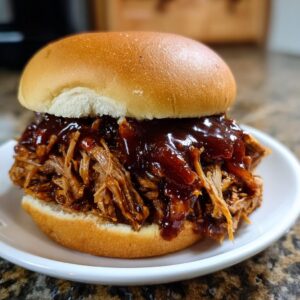 Delicious BBQ pulled pork in slow cooker sandwich on a white plate, topped with barbecue sauce.