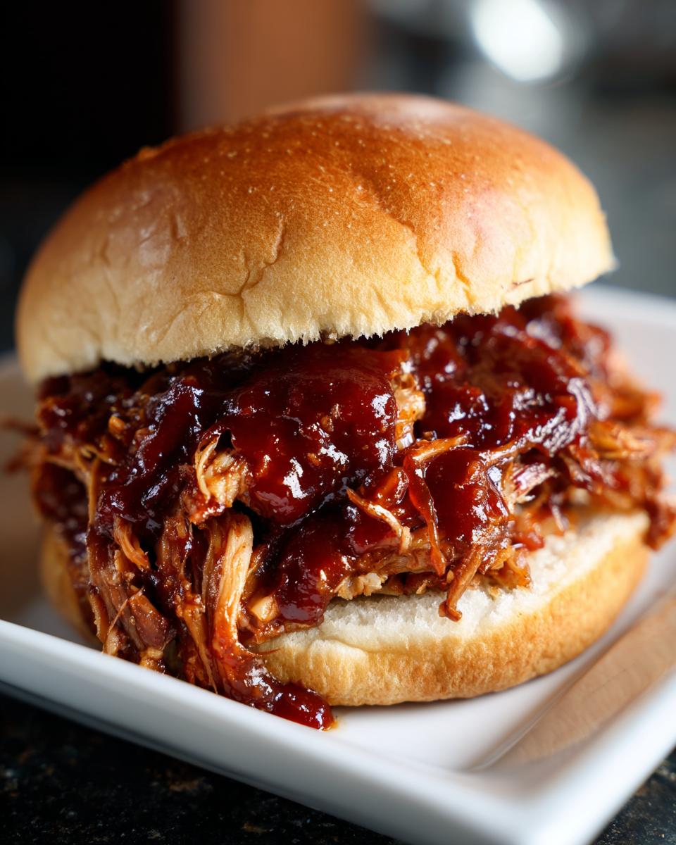 Delicious BBQ pulled pork in slow cooker sandwich on a bun, topped with barbecue sauce.