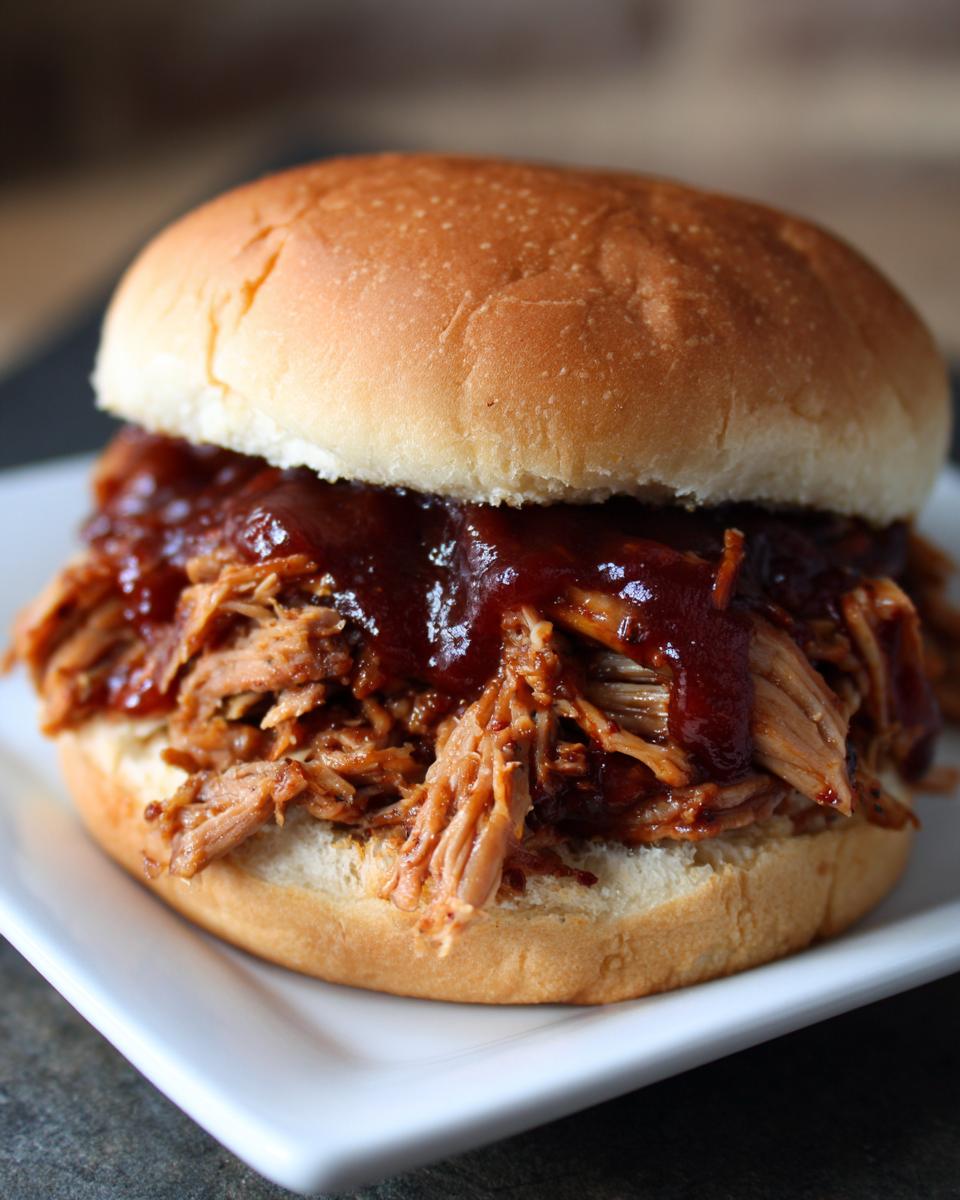 Delicious BBQ pulled pork in slow cooker served on a bun, topped with sauce on a white plate.