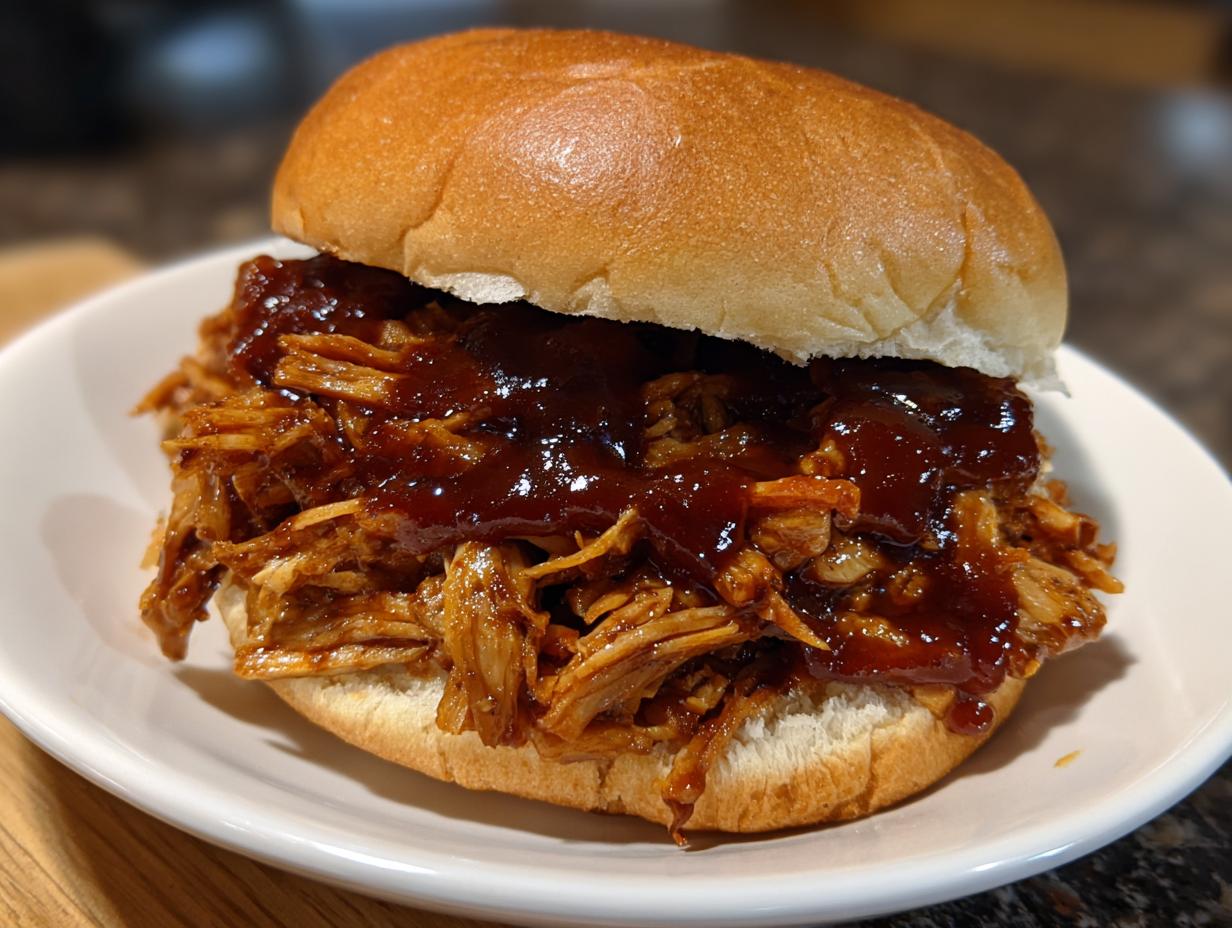 A delicious BBQ pulled pork in slow cooker sandwich on a white plate, ready to eat.