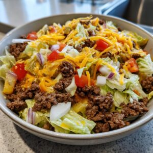 A flavorful Big Mac salad bowl with ground beef, lettuce, tomatoes, cheese, and onions.
