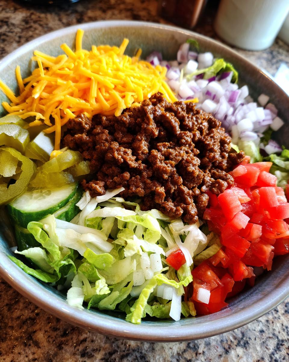 A colorful Big Mac salad bowl with ground beef, lettuce, tomatoes, cheese, pickles, and onions.