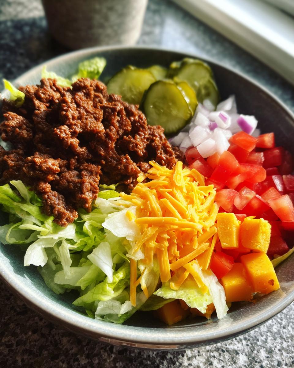 A colorful Big Mac salad in a bowl with ground beef, lettuce, cheese, pickles, and diced vegetables.