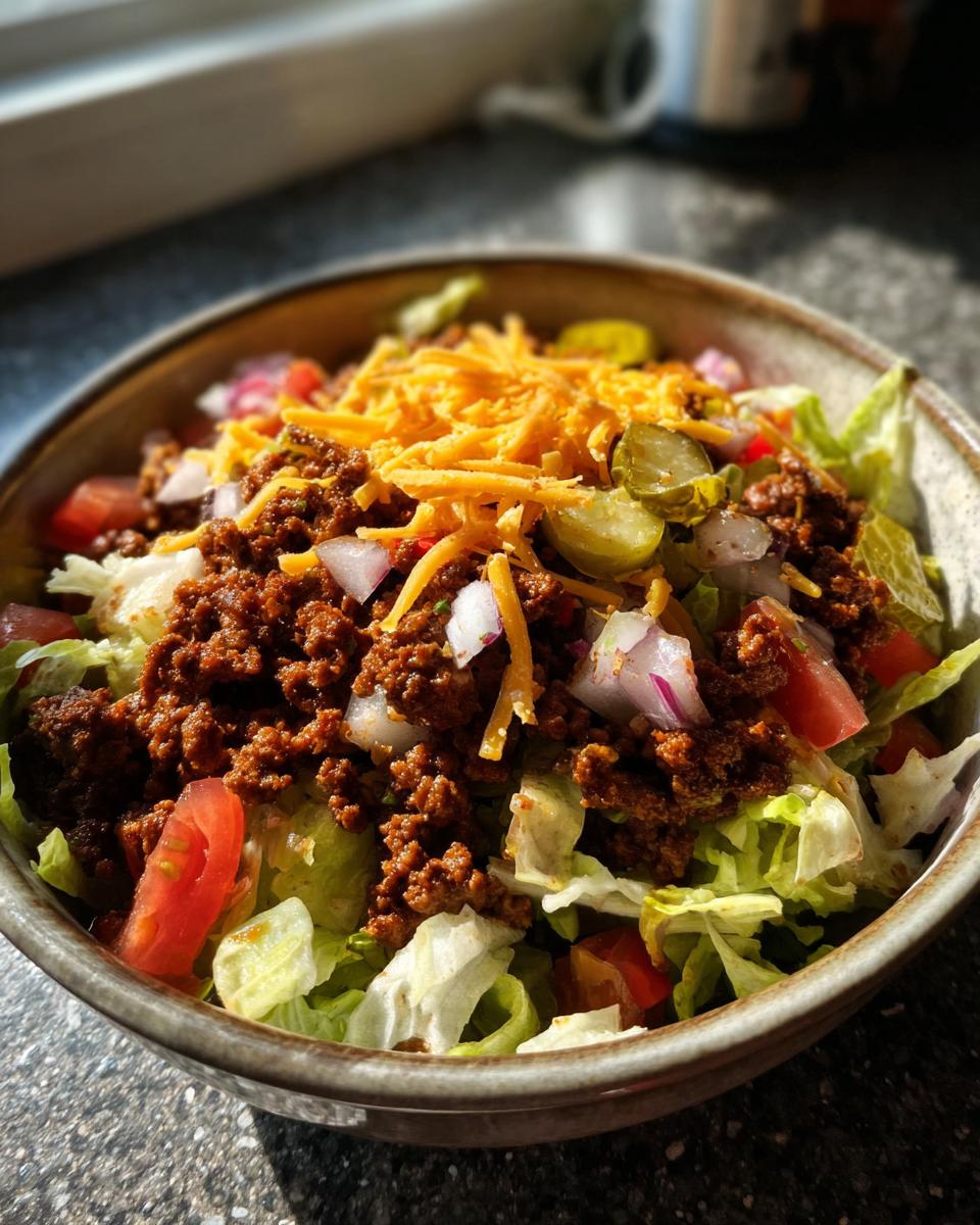 A vibrant Big Mac salad bowl with ground beef, lettuce, tomatoes, onions, pickles, and shredded cheese.