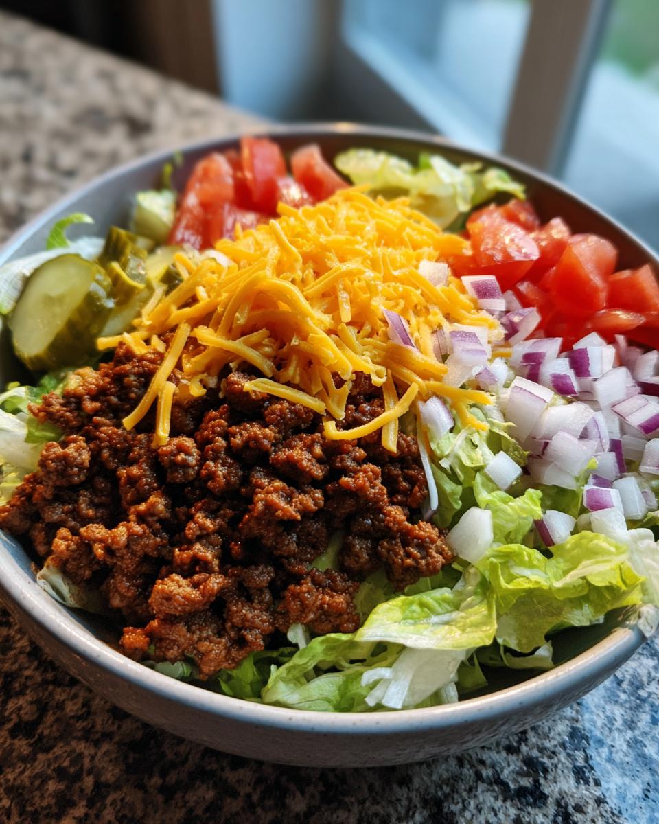 A craveable Big Mac salad bowl with ground beef, lettuce, cheese, tomatoes, pickles, and onions.