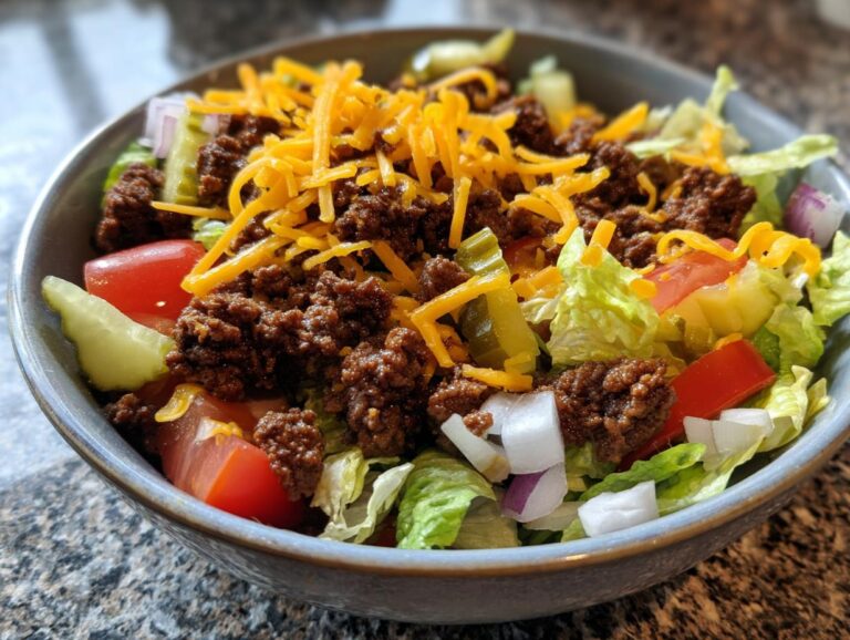 A vibrant Big Mac salad in a bowl, featuring lettuce, ground beef, tomatoes, pickles, onions, and shredded cheese.
