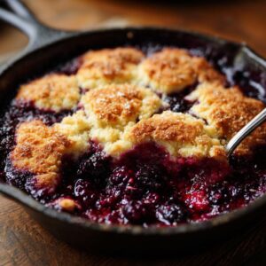 Close-up of a rustic blackberry cobbler in a cast iron skillet, with a spoon taking a scoop.