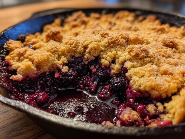Close-up of a freshly baked blackberry cobbler in a cast iron skillet, showcasing the juicy blackberries and golden crumble topping.