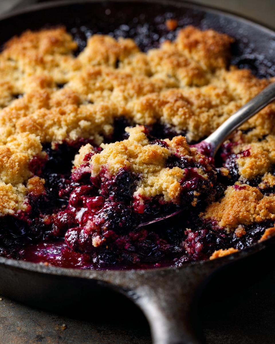 Close-up of a spoon scooping a serving of homemade blackberry cobbler from a cast iron skillet.