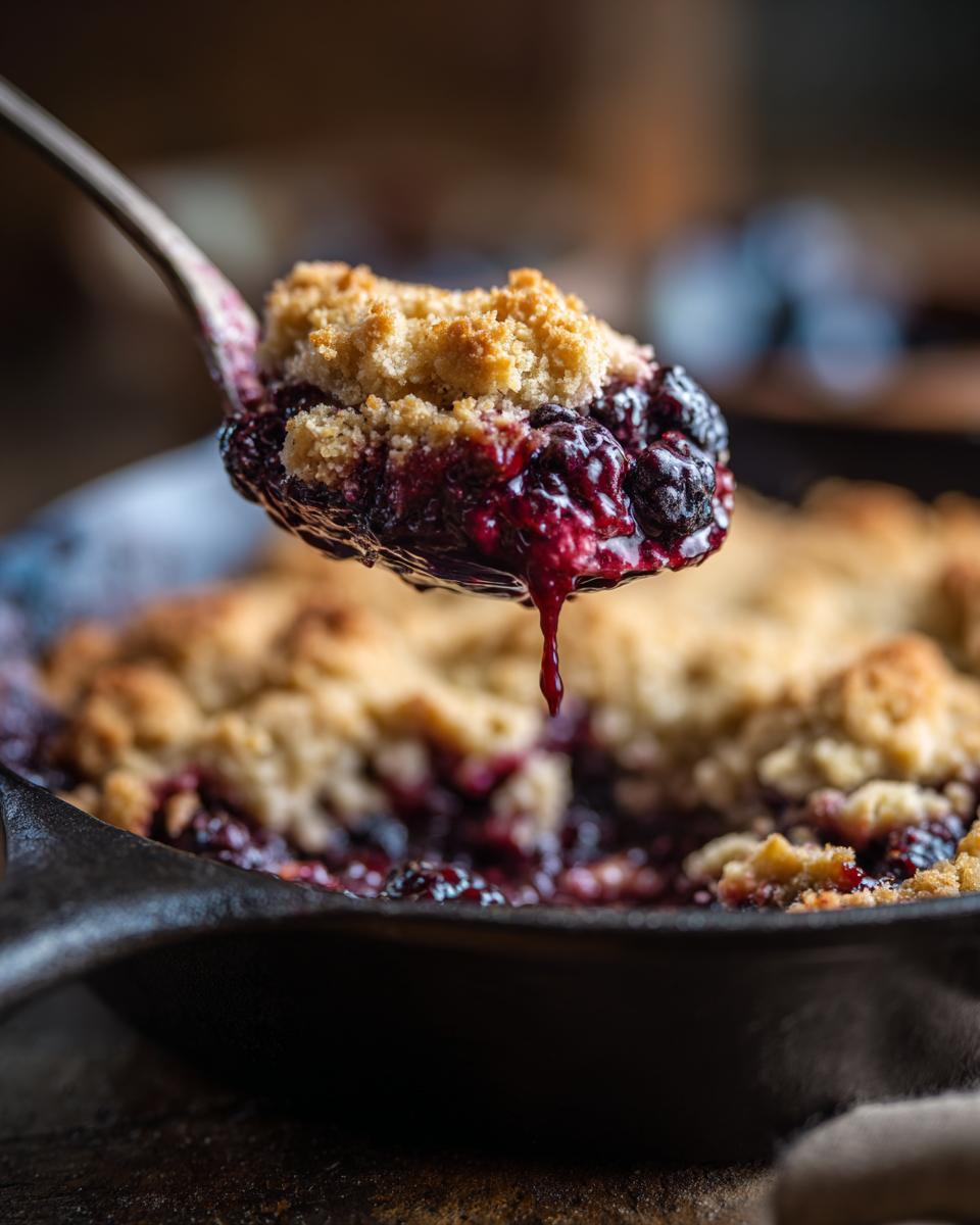 A spoonful of warm blackberry cobbler with a golden crust and juicy blackberries dripping down.