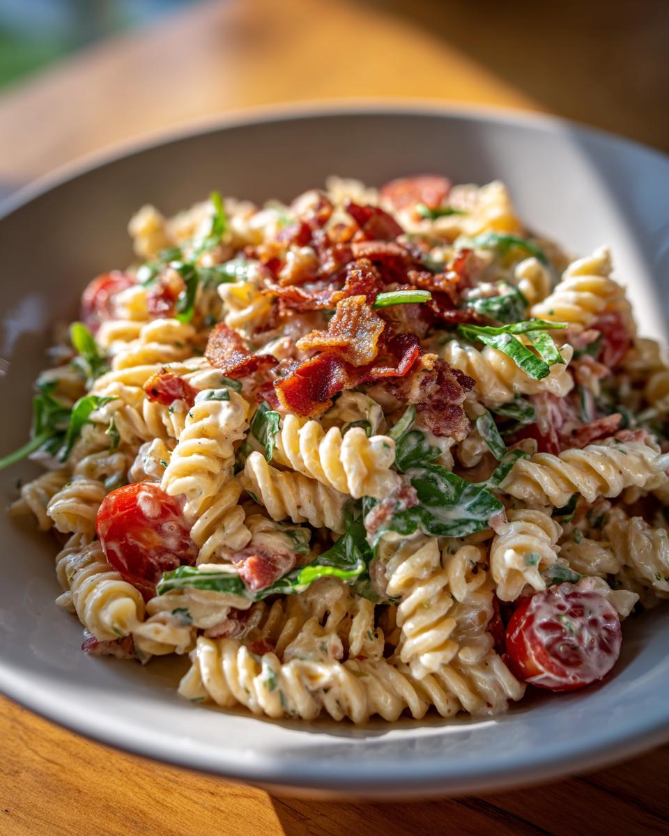 A bowl of creamy BLT pasta salad with bacon, lettuce, and tomatoes.