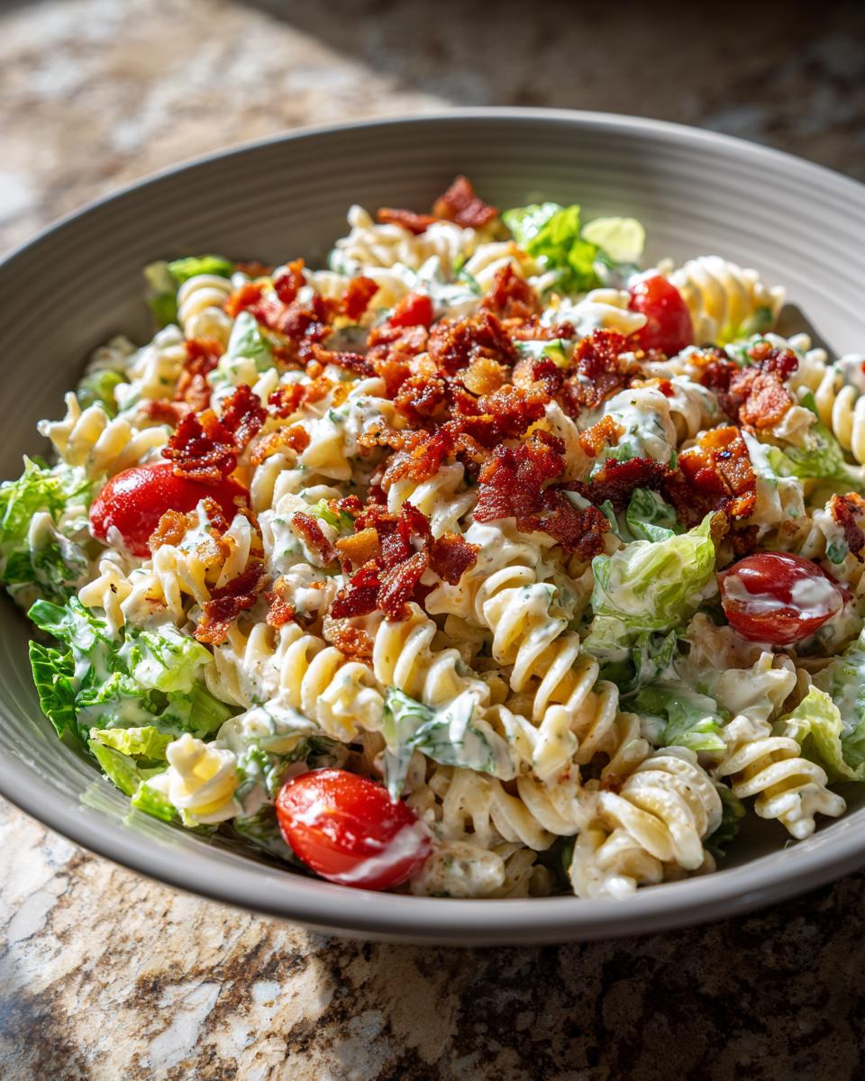 A bowl of creamy BLT pasta salad with rotini pasta, bacon, lettuce, and tomatoes.
