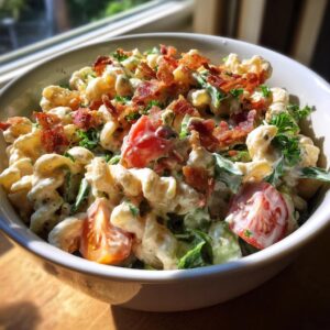 A bowl of creamy BLT pasta salad with bacon, lettuce, and tomatoes. Perfect for summer.