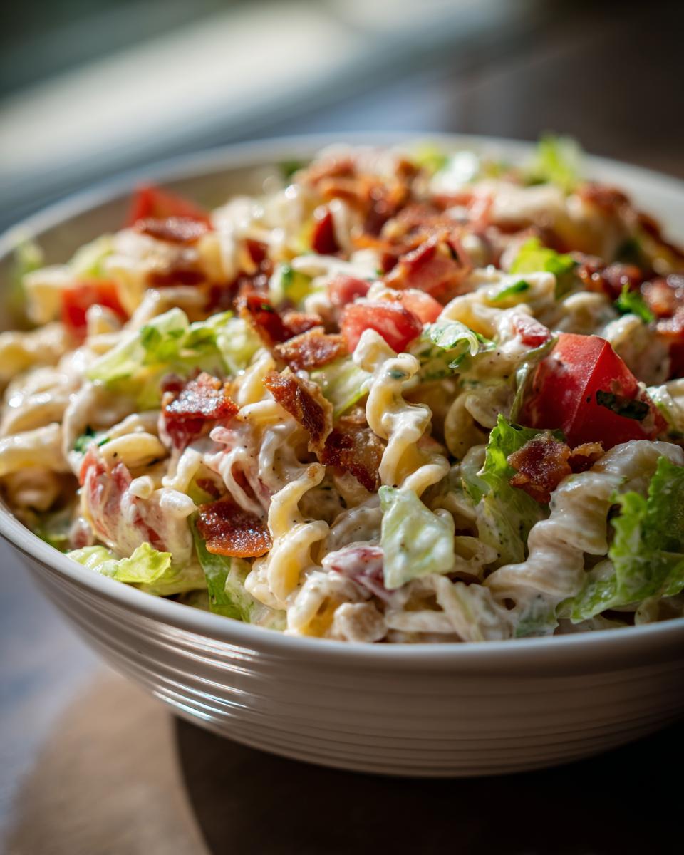 Bowl of creamy BLT pasta salad with rotini pasta, bacon, lettuce, and tomatoes. Ready to eat BLT pasta salad.
