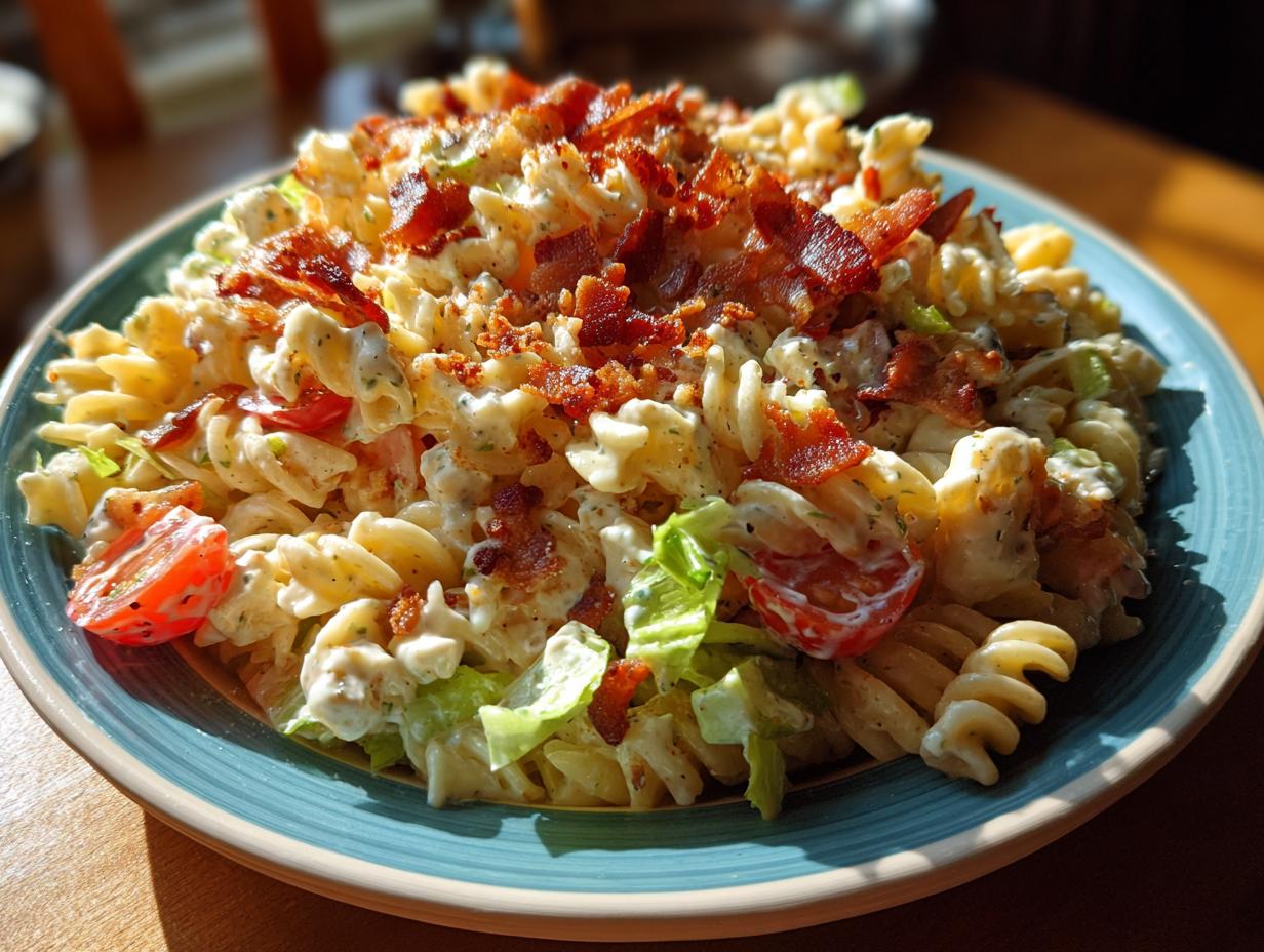 A vibrant plate of BLT pasta salad with bacon, lettuce, and tomato, coated in creamy dressing.