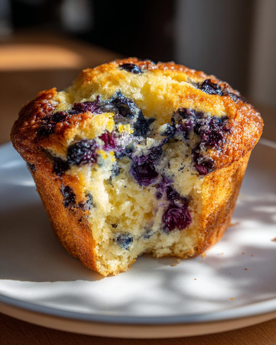 A jumbo blueberry lemon muffin with a bite taken out, revealing the moist interior and juicy blueberries.