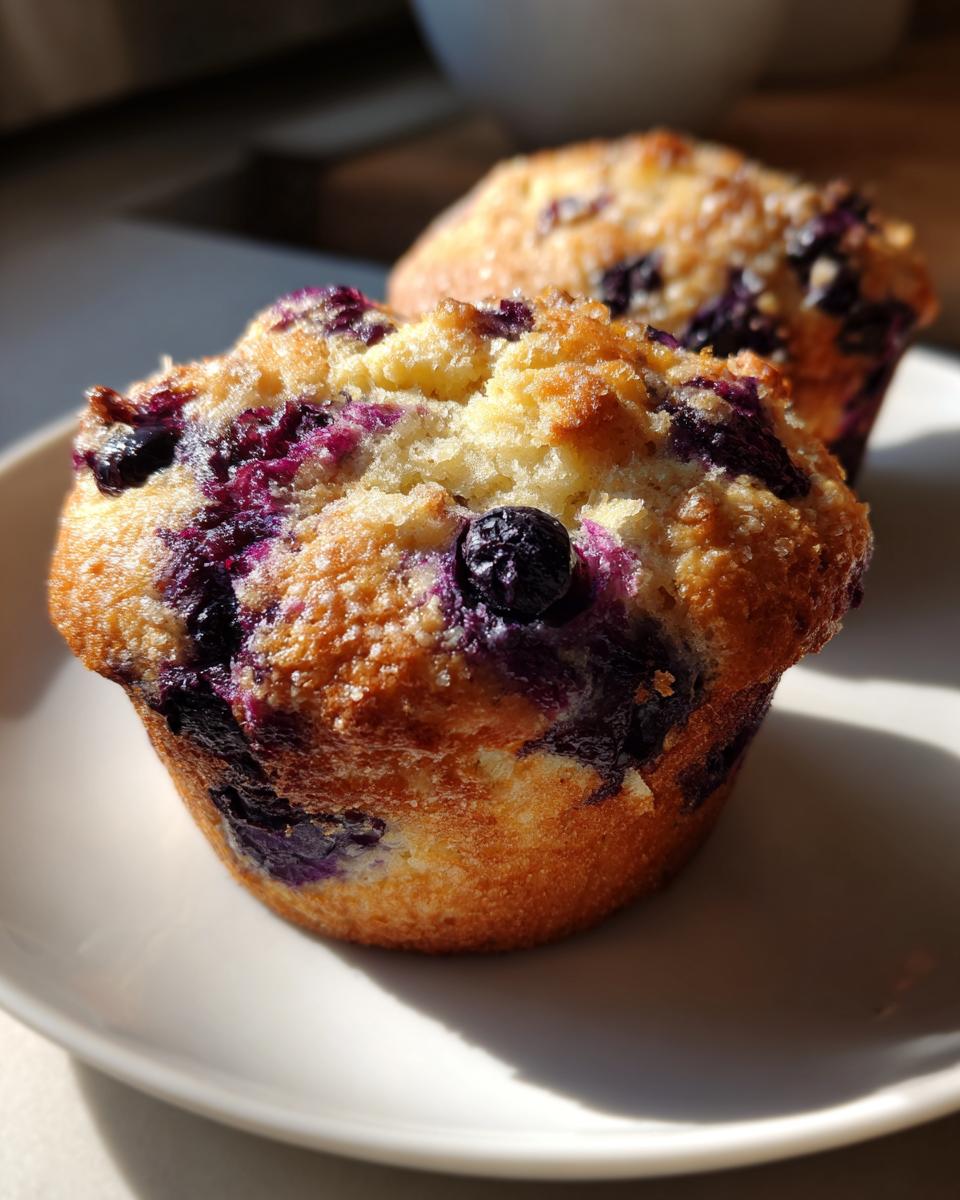 Two jumbo blueberry lemon muffins on a white plate, showcasing their golden tops and juicy blueberries.