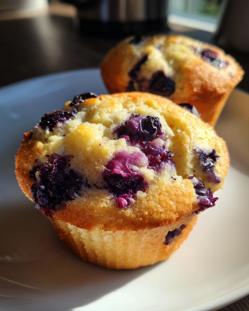 Two homemade blueberry lemon muffins on a white plate, showcasing their golden tops and juicy blueberries.