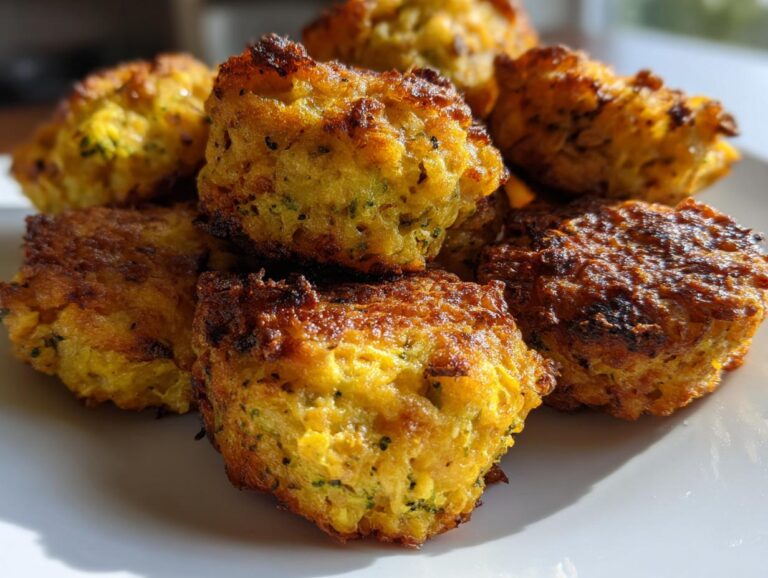 A close-up of golden brown broccoli cheese tots piled on a white plate, ready to eat.