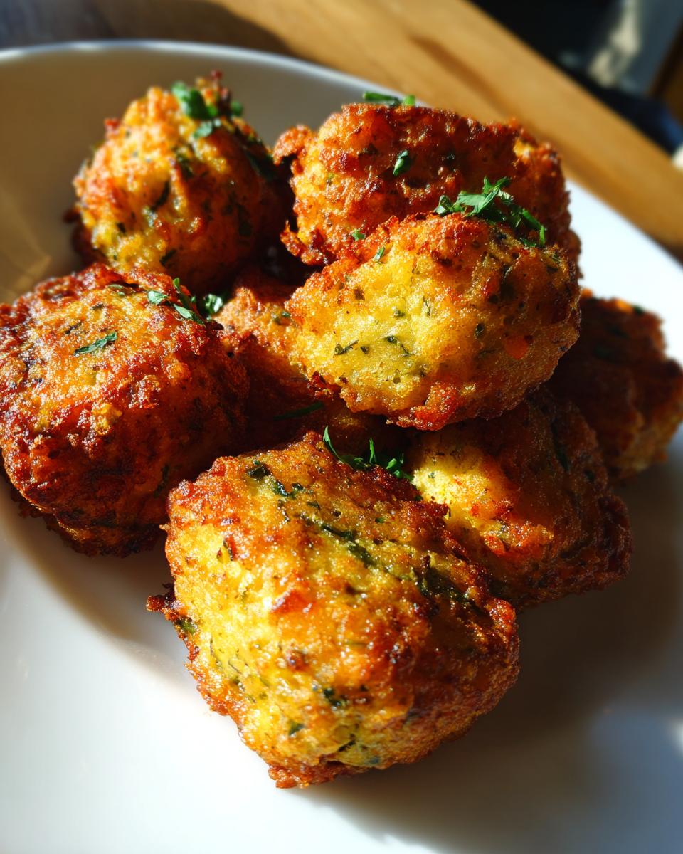 A close-up of golden-brown Broccoli cheese tots piled on a white plate, garnished with fresh herbs.