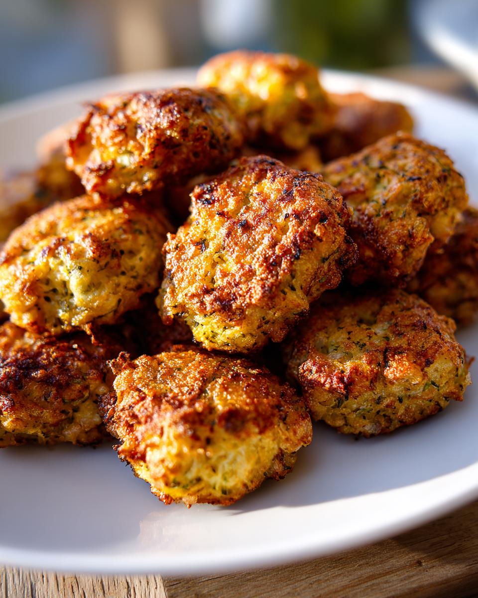 A pile of golden-brown Broccoli cheese tots on a white plate, showcasing their crispy texture.