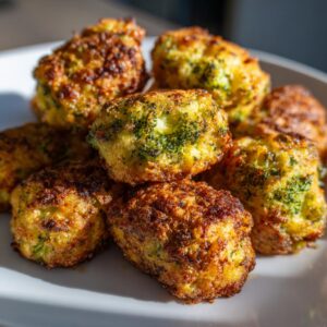 A close-up of golden-brown Broccoli cheese tots piled on a white plate, showcasing their crispy texture.