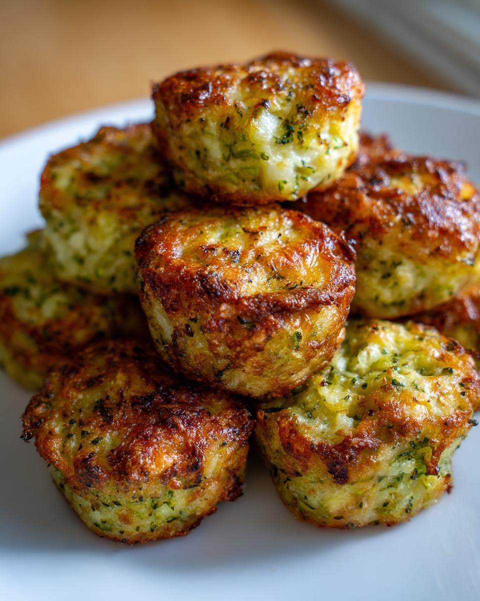 A stack of golden-brown Broccoli cheese tots on a white plate, showcasing their crispy texture.