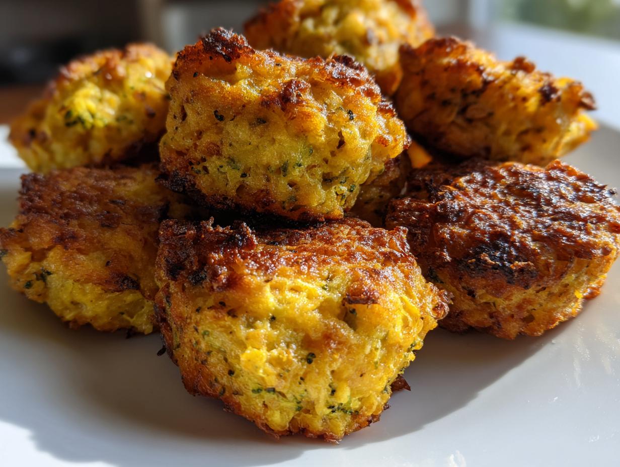 A close-up of golden brown broccoli cheese tots piled on a white plate, ready to eat.