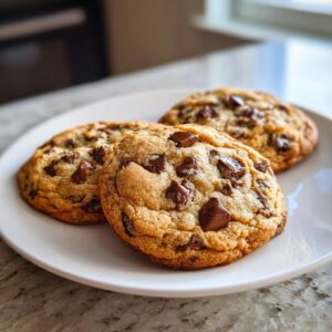 Three brown butter chocolate chip cookies arranged on a white plate, showcasing their golden-brown color and melted chocolate chunks.