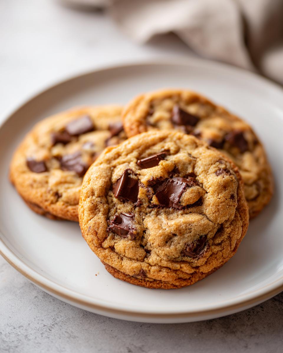 Three brown butter chocolate chip cookies are arranged on a white plate, showcasing their texture and chocolate chunks.