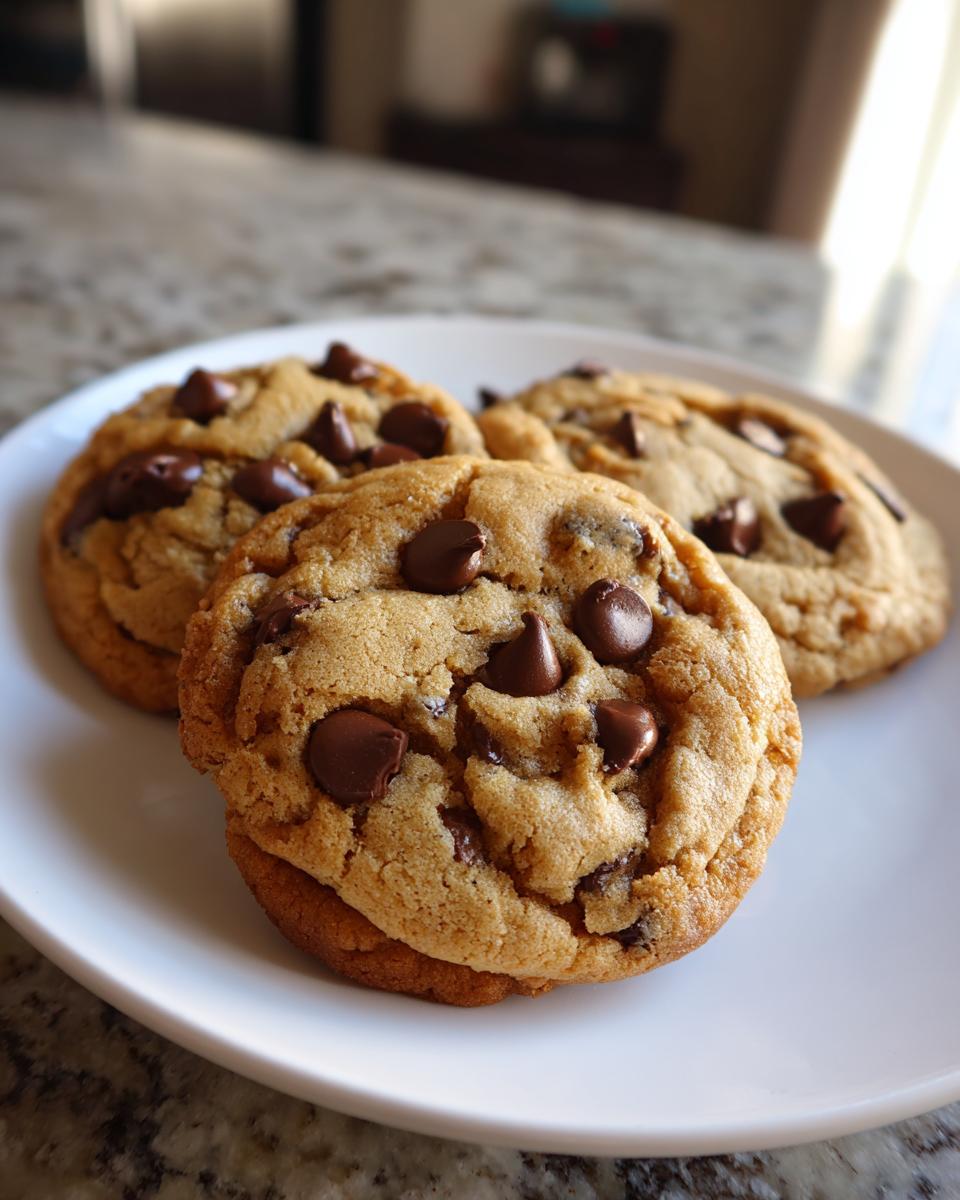 Three brown butter chocolate chip cookies on a white plate, showcasing their golden-brown color and melted chocolate chips.