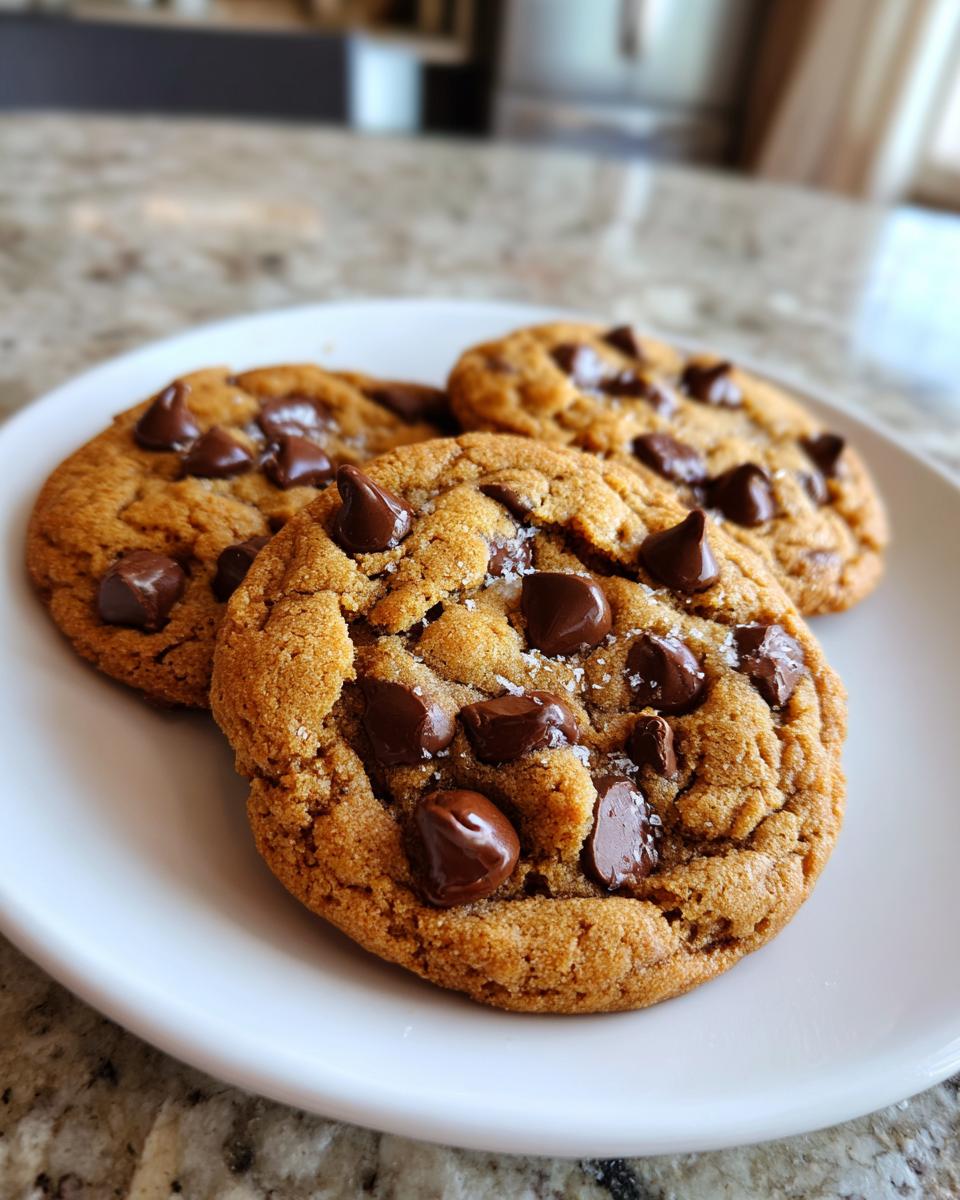 Three brown butter chocolate chip cookies on a white plate, showcasing their golden color and chocolate chips.