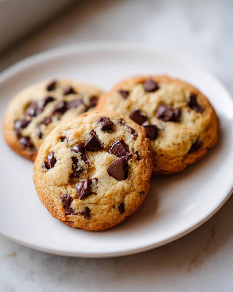 Three brown butter chocolate chip cookies arranged on a white plate, showcasing their golden color and melted chocolate.