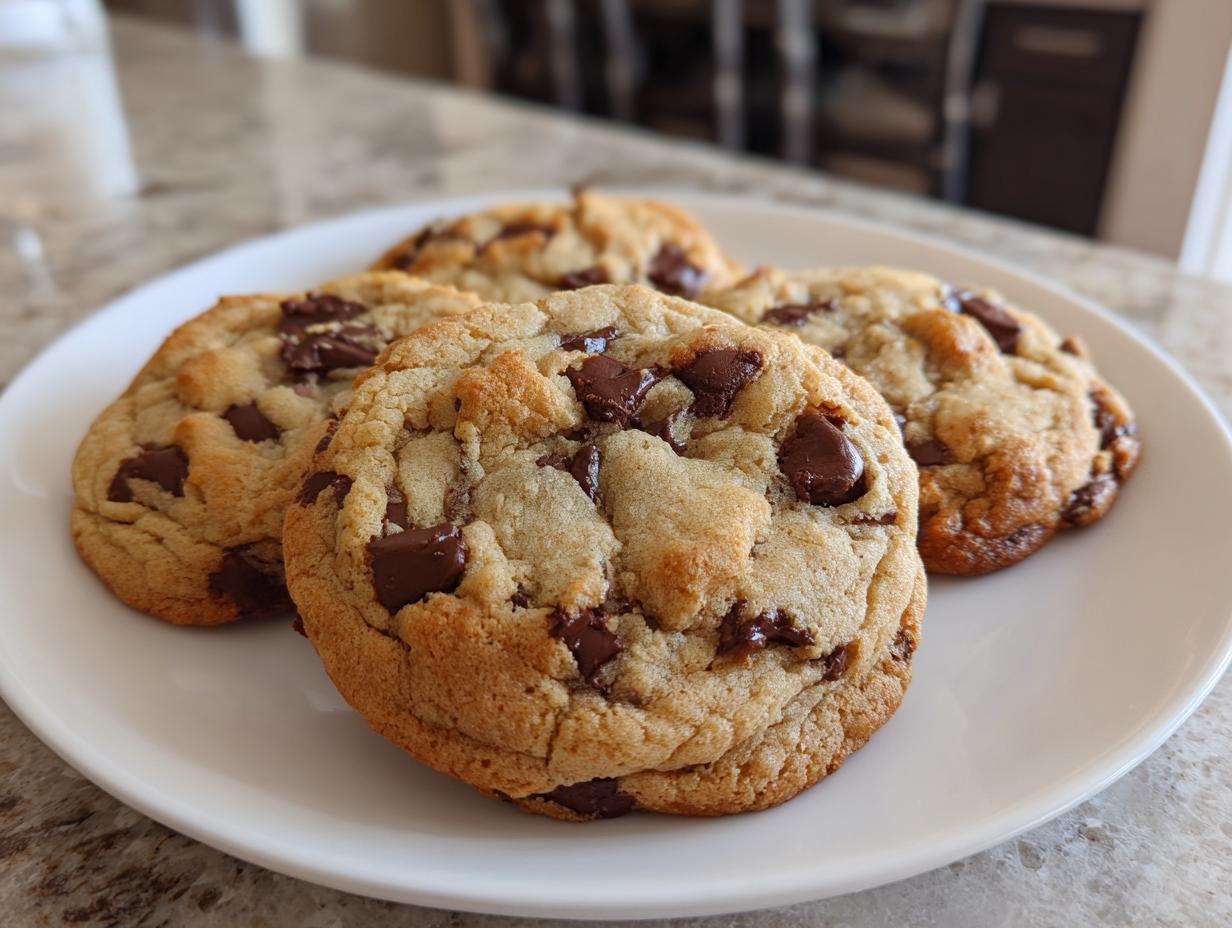 Four brown butter chocolate chip cookies arranged on a white plate, showcasing their texture and chocolate chunks.