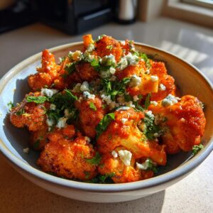 A bowl of delicious Buffalo cauliflower bites, topped with blue cheese and fresh parsley.