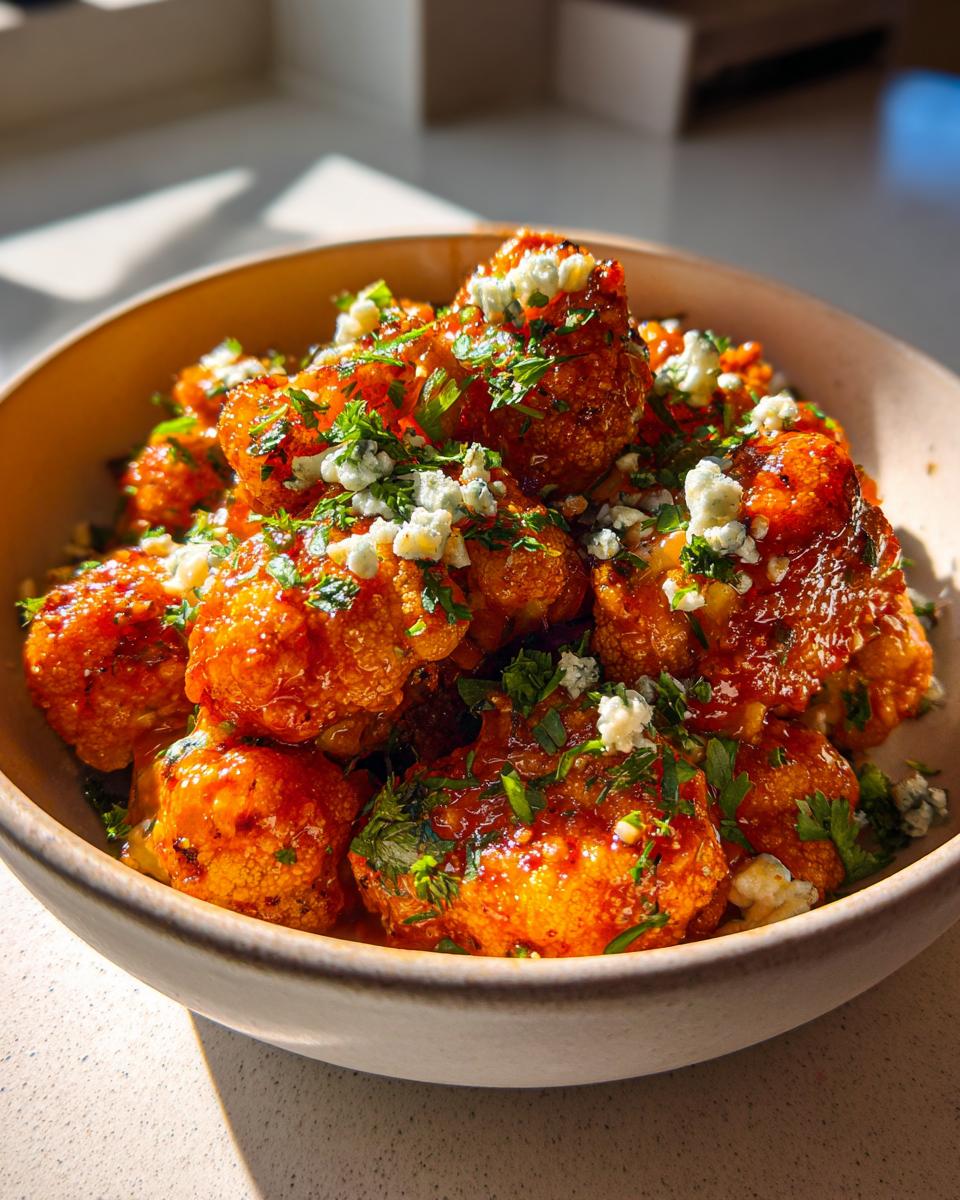A bowl of delicious Buffalo cauliflower bites, topped with blue cheese crumbles and fresh parsley.