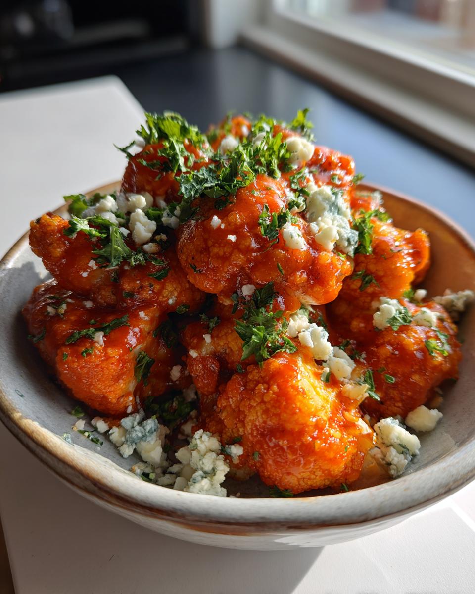 A bowl of Buffalo cauliflower bites, coated in a spicy sauce, topped with blue cheese crumbles and fresh parsley.