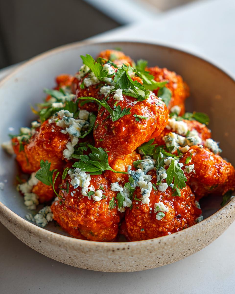 A bowl of Buffalo cauliflower bites, topped with blue cheese crumbles and fresh parsley.