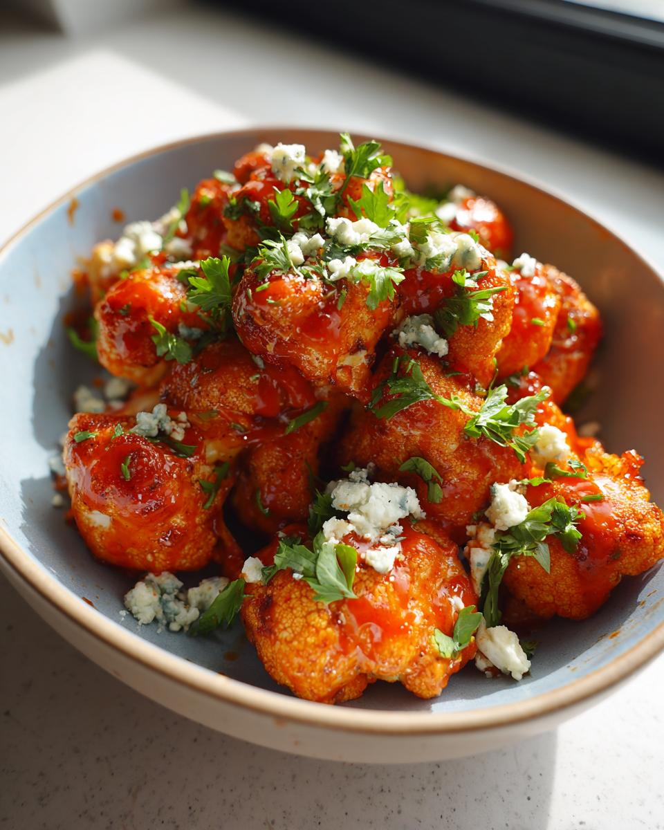 A bowl of delicious Buffalo cauliflower bites, topped with blue cheese crumbles and fresh parsley.