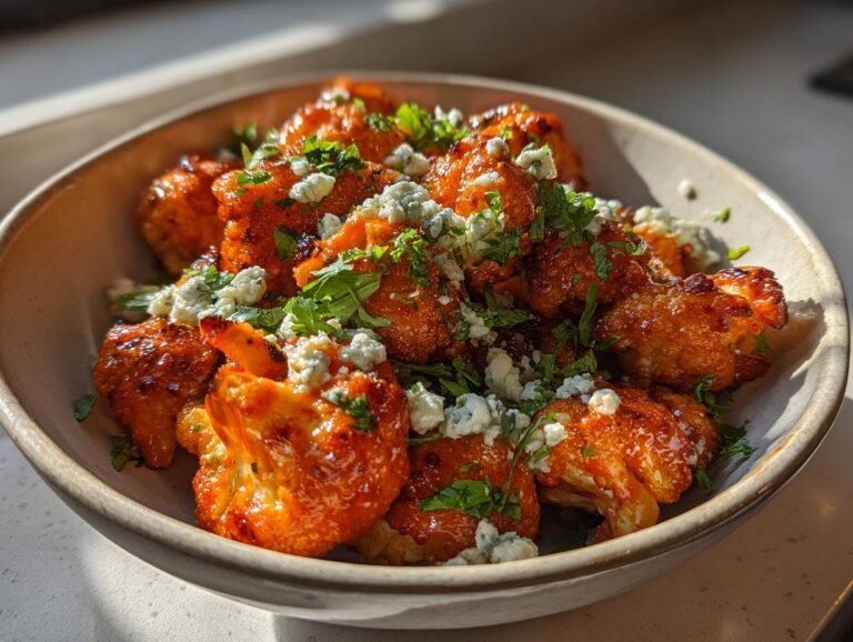 A bowl of crispy buffalo cauliflower bites topped with blue cheese and fresh parsley.