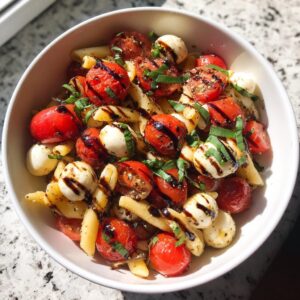 A bowl of Caprese pasta salad with tomatoes, mozzarella, basil, and balsamic glaze.