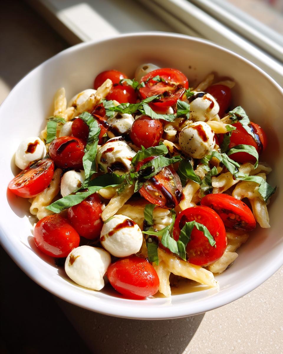 A vibrant bowl of Caprese pasta salad with tomatoes, mozzarella, basil, and balsamic glaze.