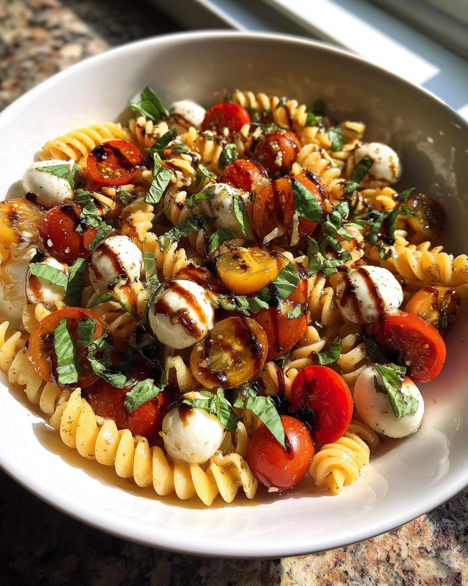 A bowl of Caprese pasta salad with rotini pasta, cherry tomatoes, mozzarella balls, basil, and balsamic glaze.