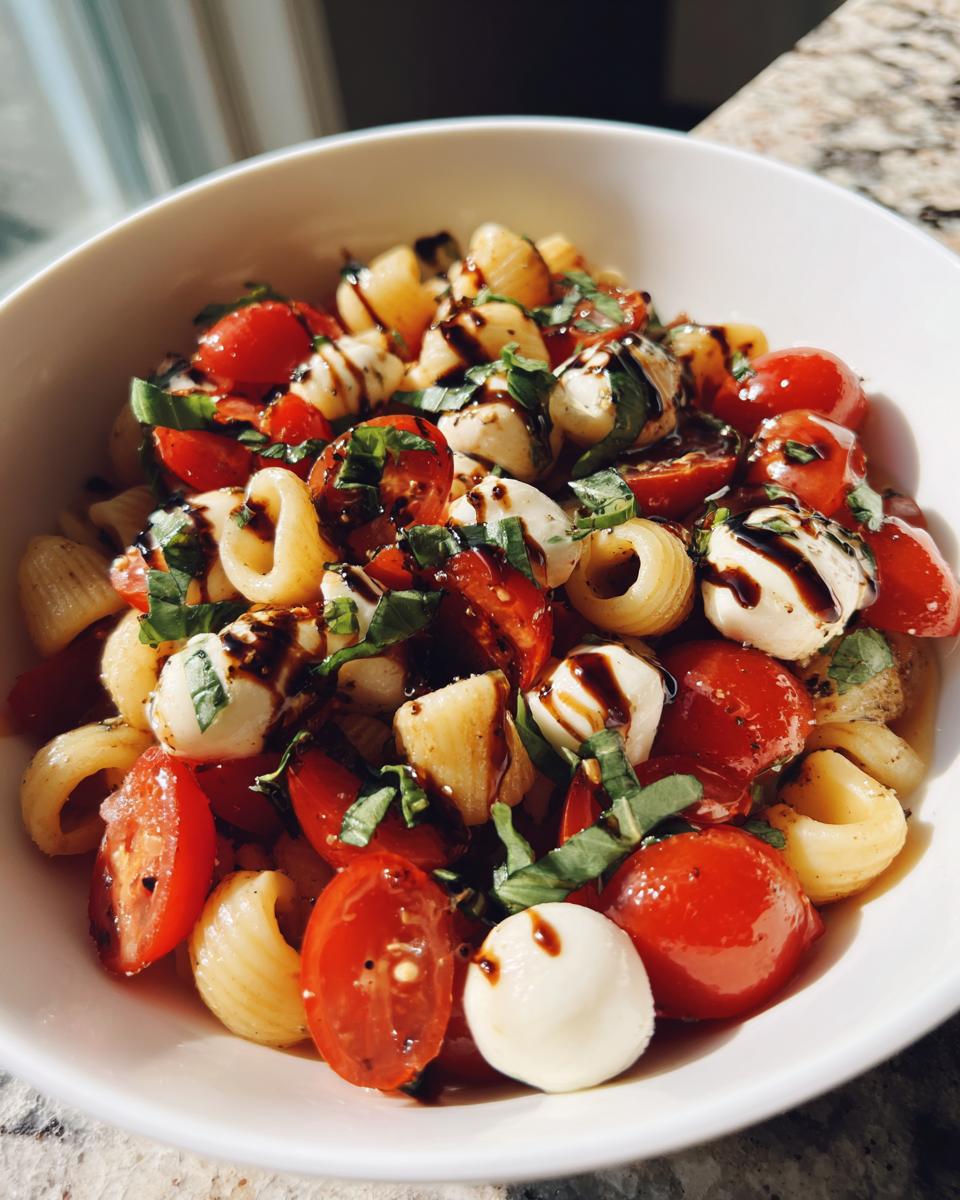 A bowl of Caprese pasta salad with tomatoes, mozzarella, basil, pasta and balsamic glaze.