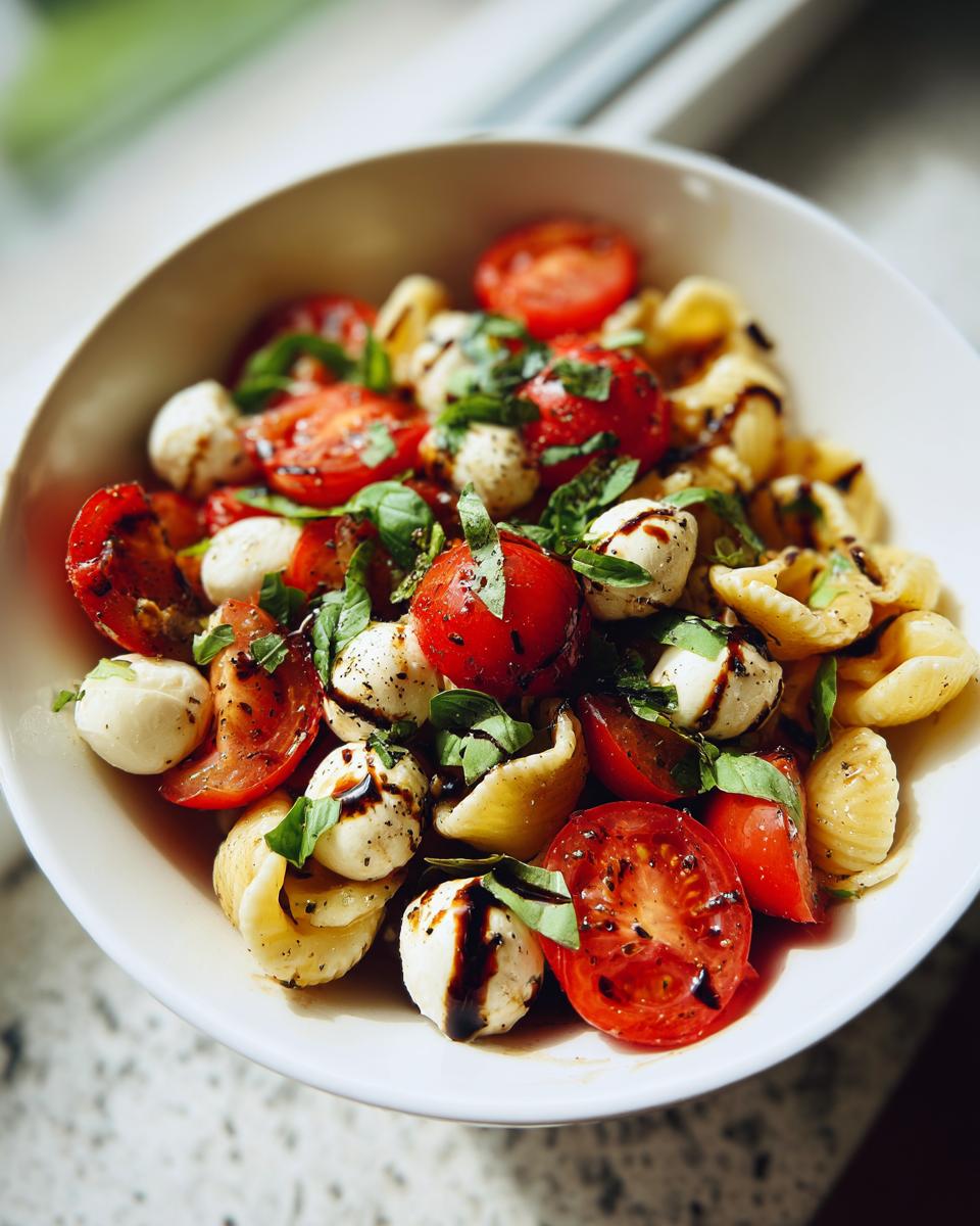 Overhead shot of a vibrant Caprese pasta salad with tomatoes, mozzarella, basil, and balsamic glaze in a white bowl.