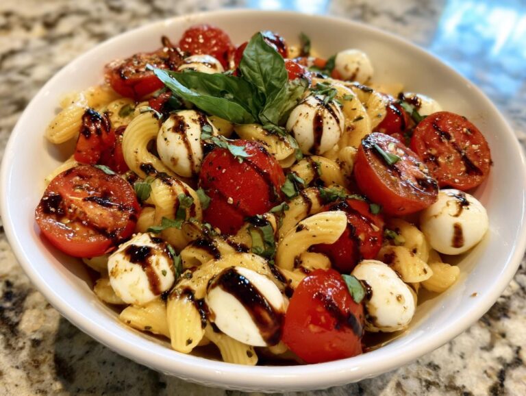A bowl of Caprese pasta salad with tomatoes, mozzarella, basil, and balsamic glaze.